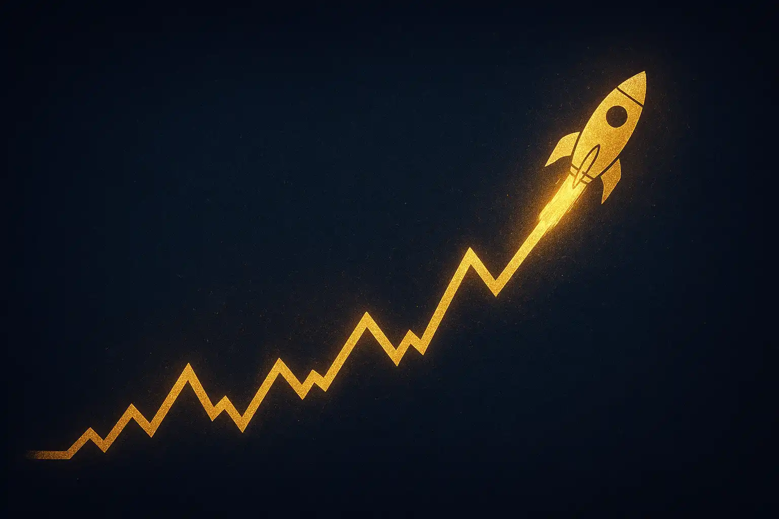 Rising rocket graph line in gold against a deep sapphire night sky