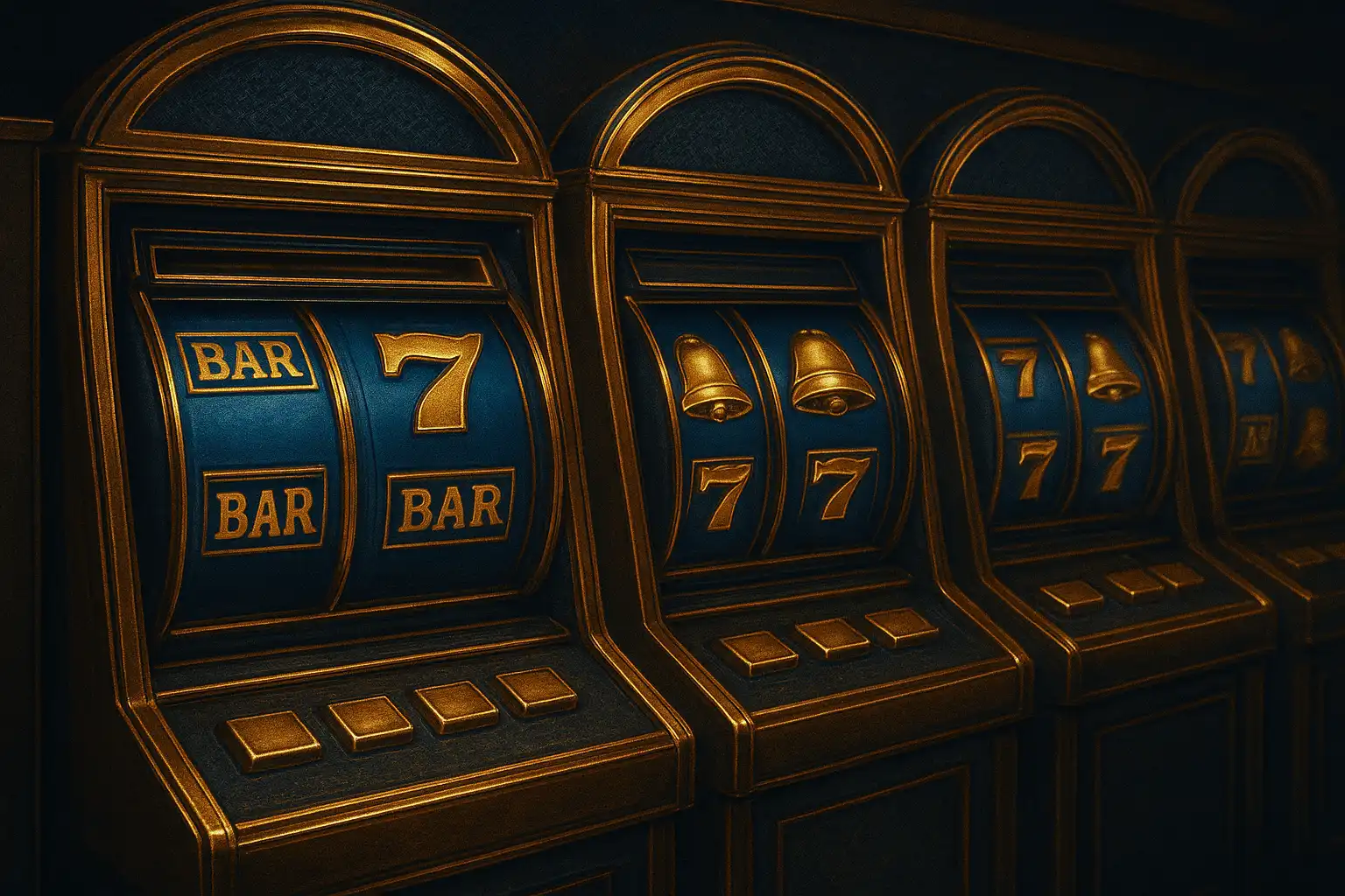 Rows of glowing slot machine reels in a sapphire and gold casino lobby