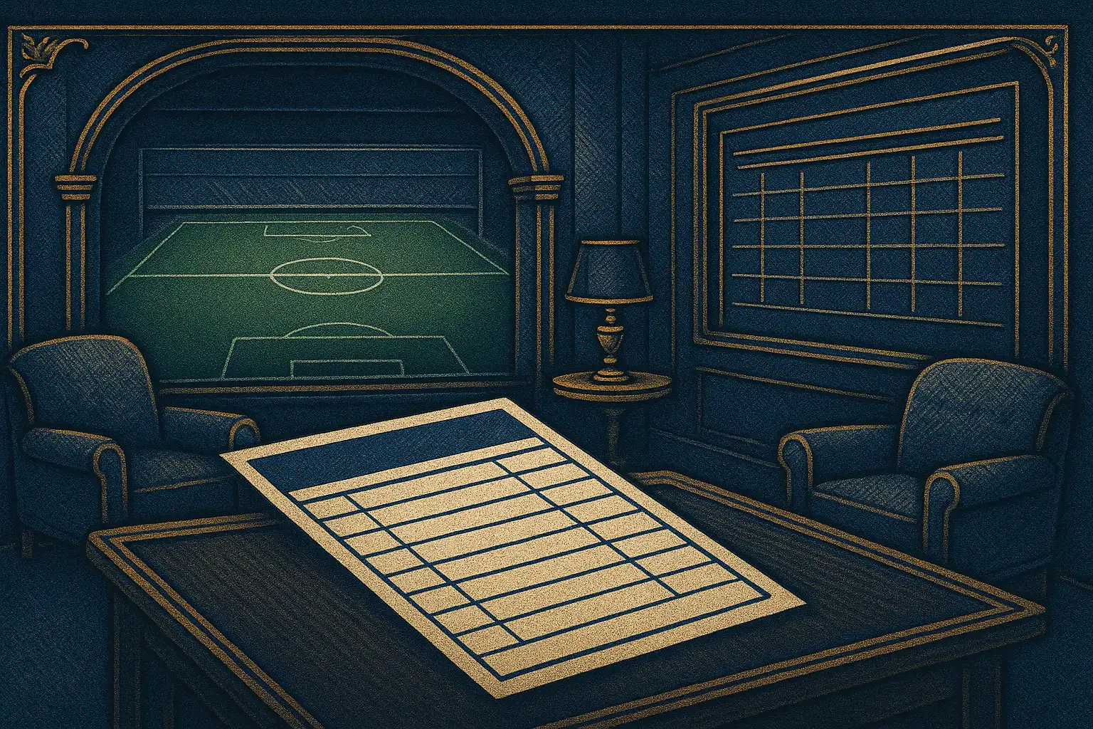 Football pitch and betting slip motif in sapphire and gold casino styling
