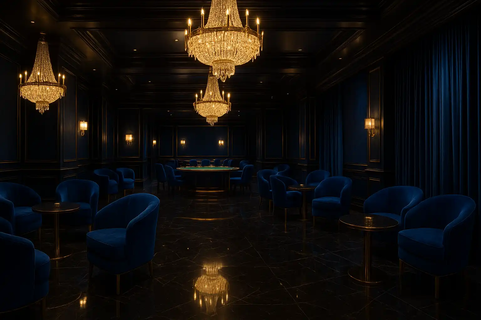 Velvet armchairs and gold chandeliers in an exclusive VIP casino lounge