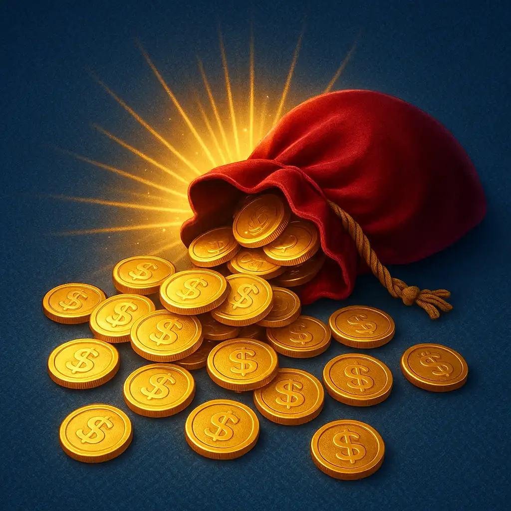 Gold coins spilling from a velvet pouch representing the weekly reload bonus
